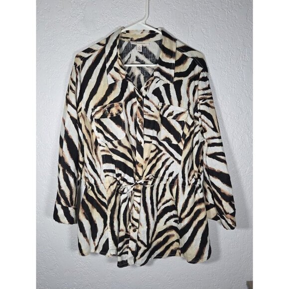 JM Collection Zebra Linen Safari Button Down Shirt Jacket Cinch Waist Size XL - Picture 1 of 6